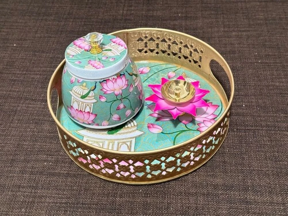 Pichwai Themed Metal Tray with Dry Fruit Jar and Diya Set - 4