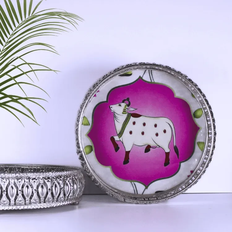 German Silver Pichwai Printed 6 inches Tray - 1