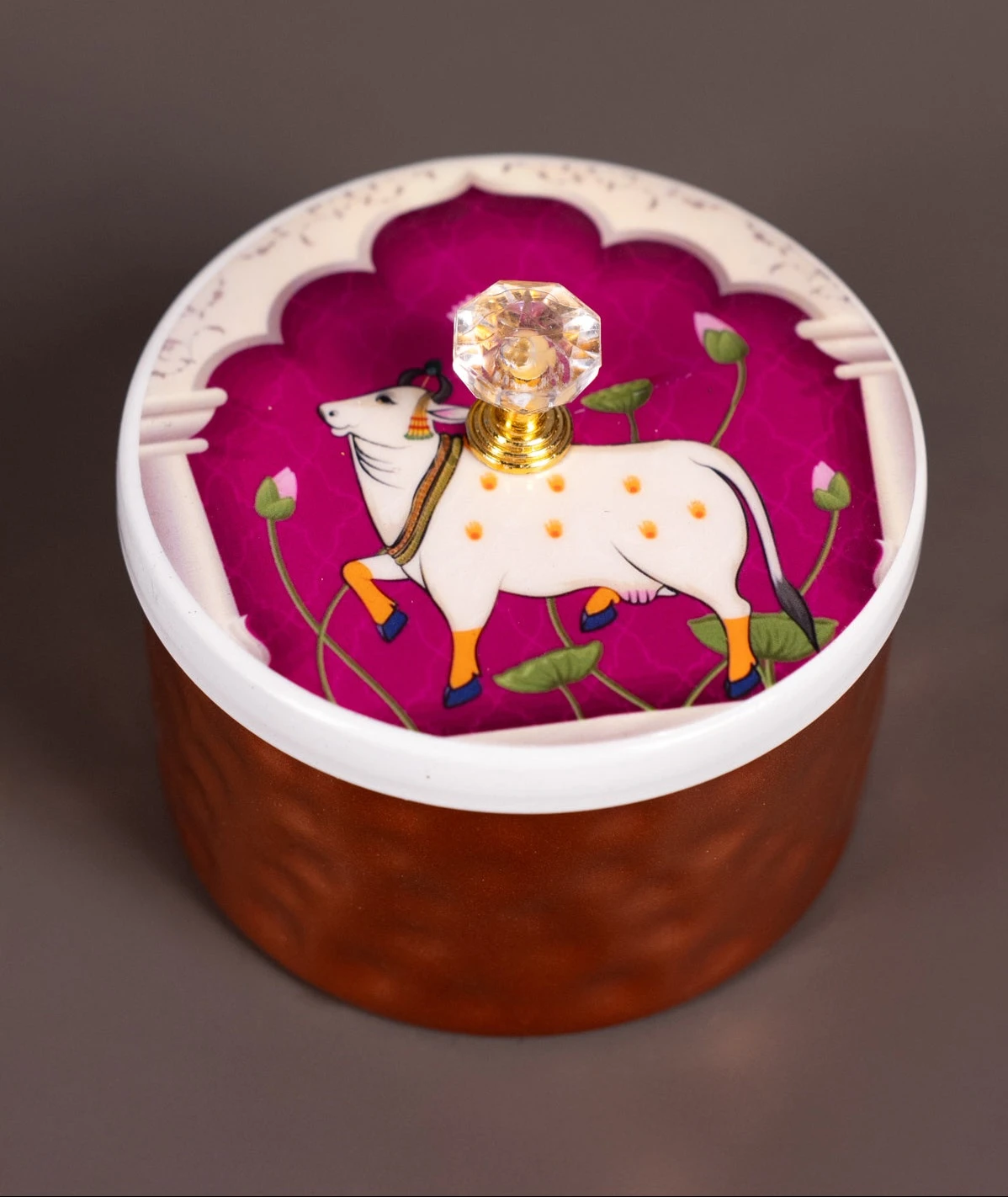 Digital Printed Copper Dry Fruit Jar - Pichwai Cow - 4