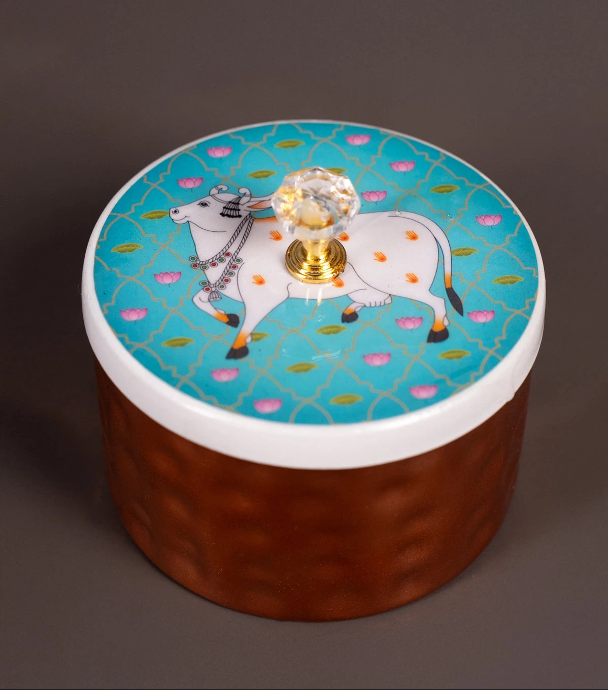 Blue Digital Printed Copper Dry Fruit Jar - Pichwai Cow - 6