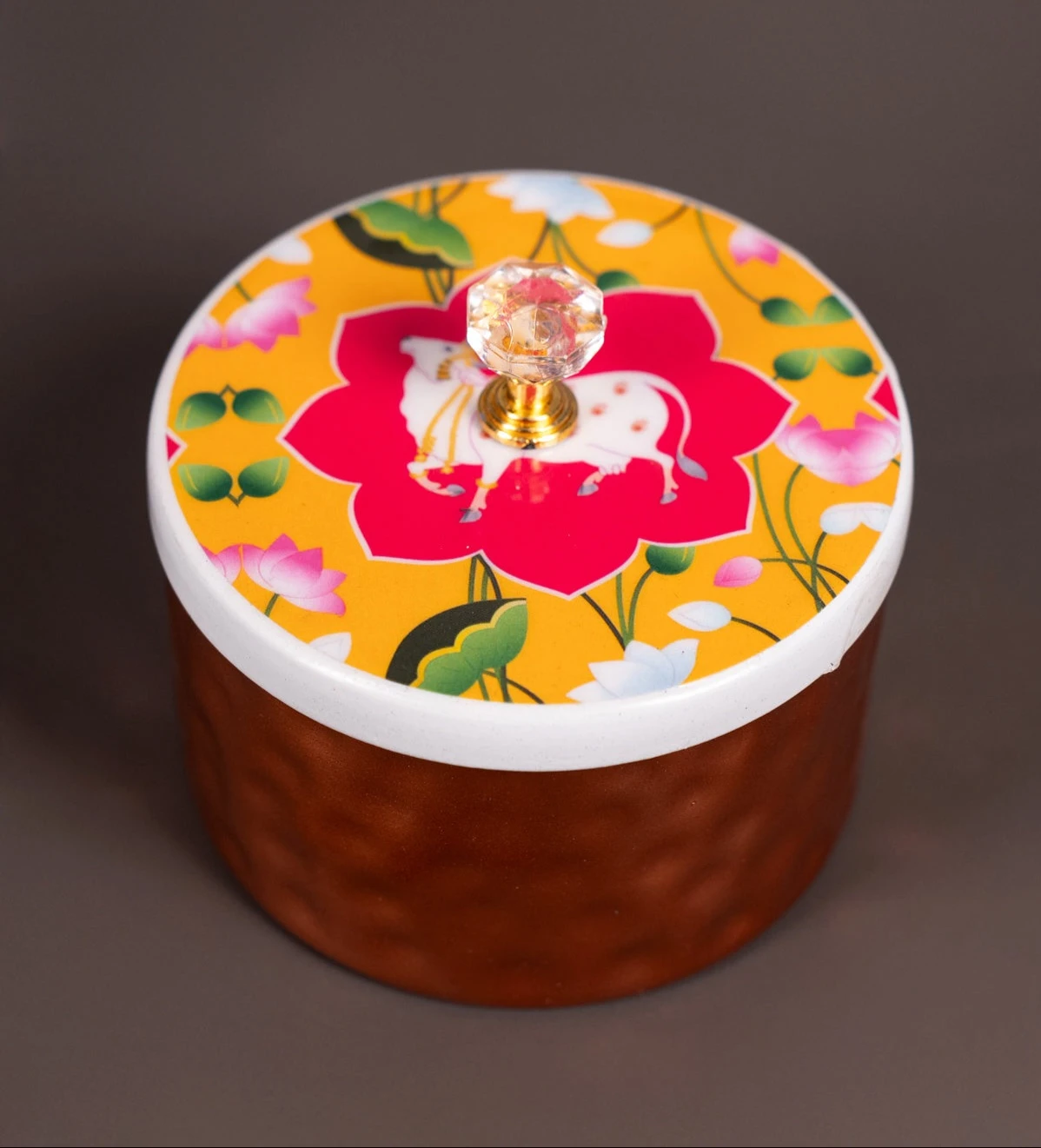 Digital Printed Copper Dry Fruit Jar - Pichwai Cow - 5