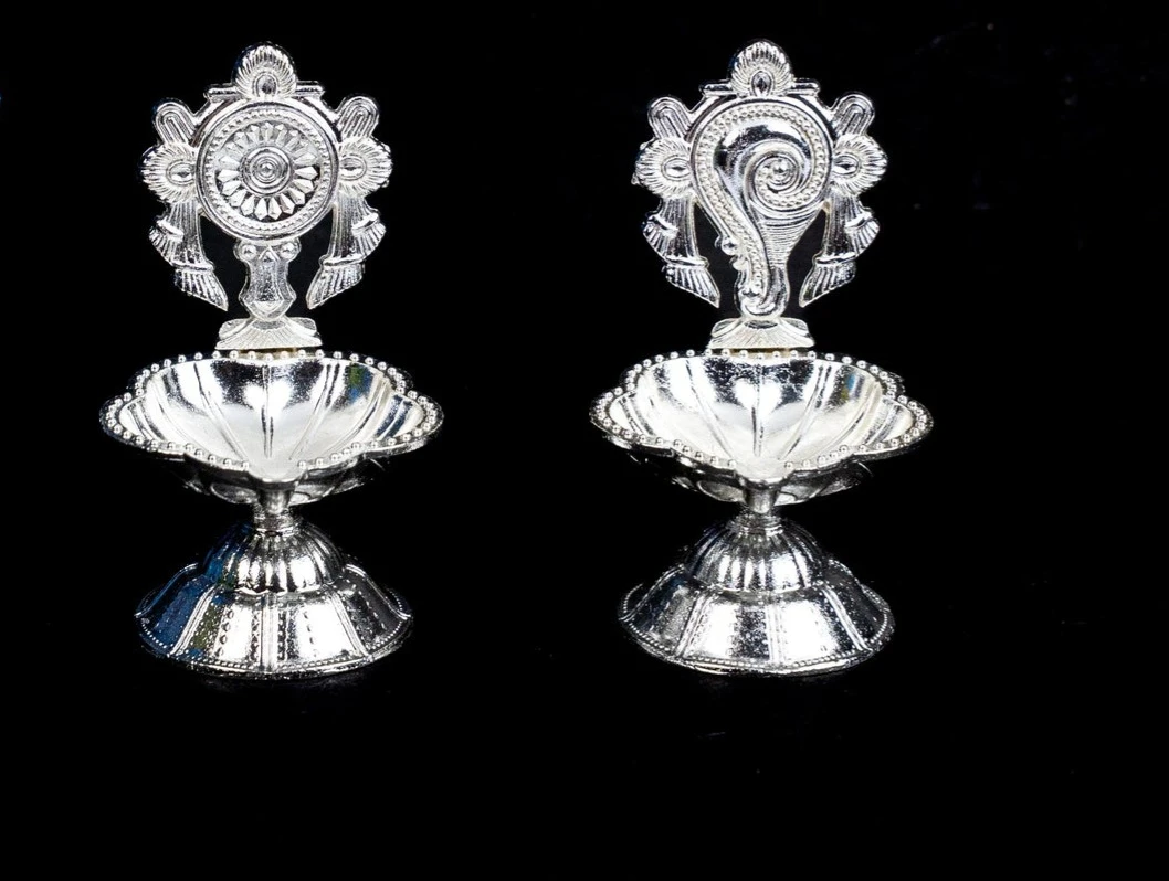 German Silver Shanku Chakra Diya - Silver - 3 inche