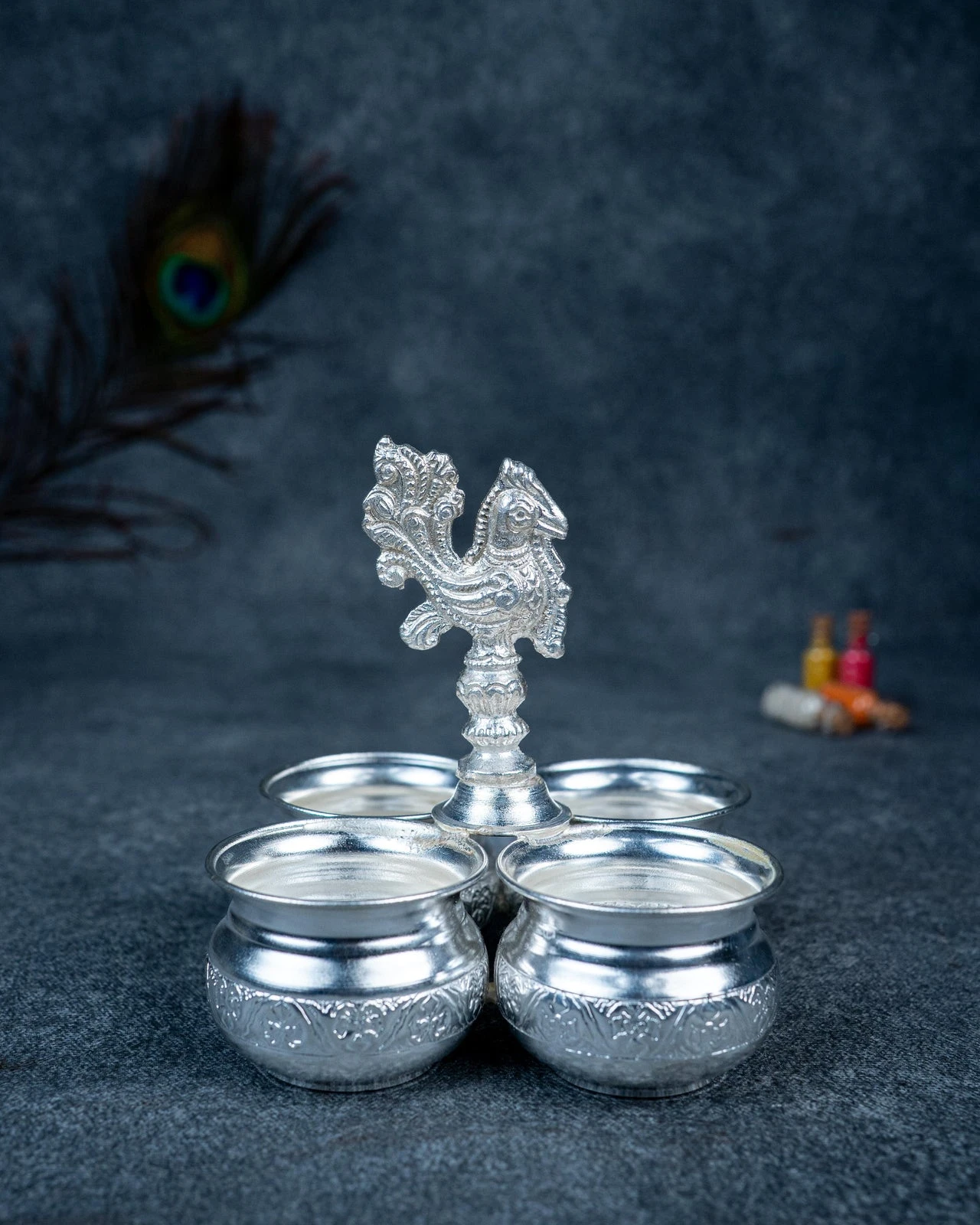 German Silver 4 Cup Kumkum Holder 2.5inch