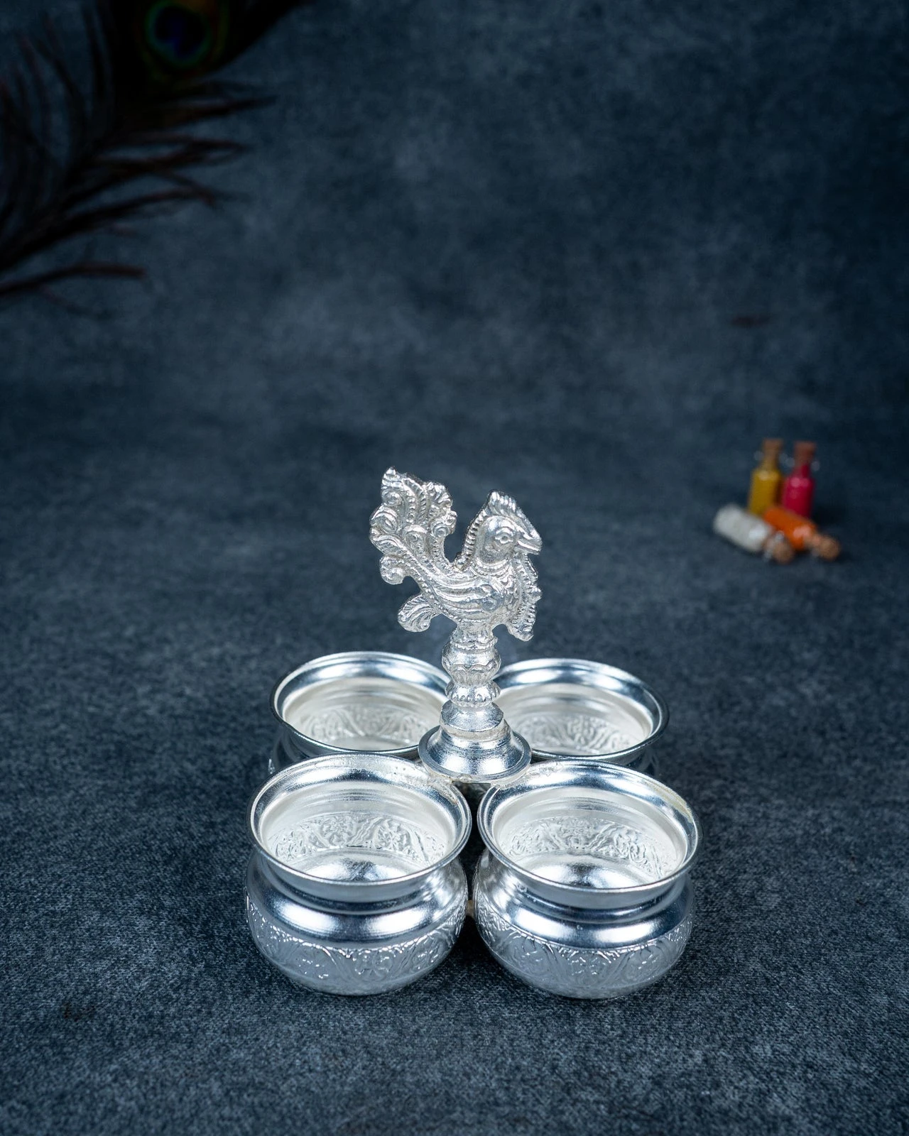 German Silver 4 Cup Kumkum Holder 2.5inch