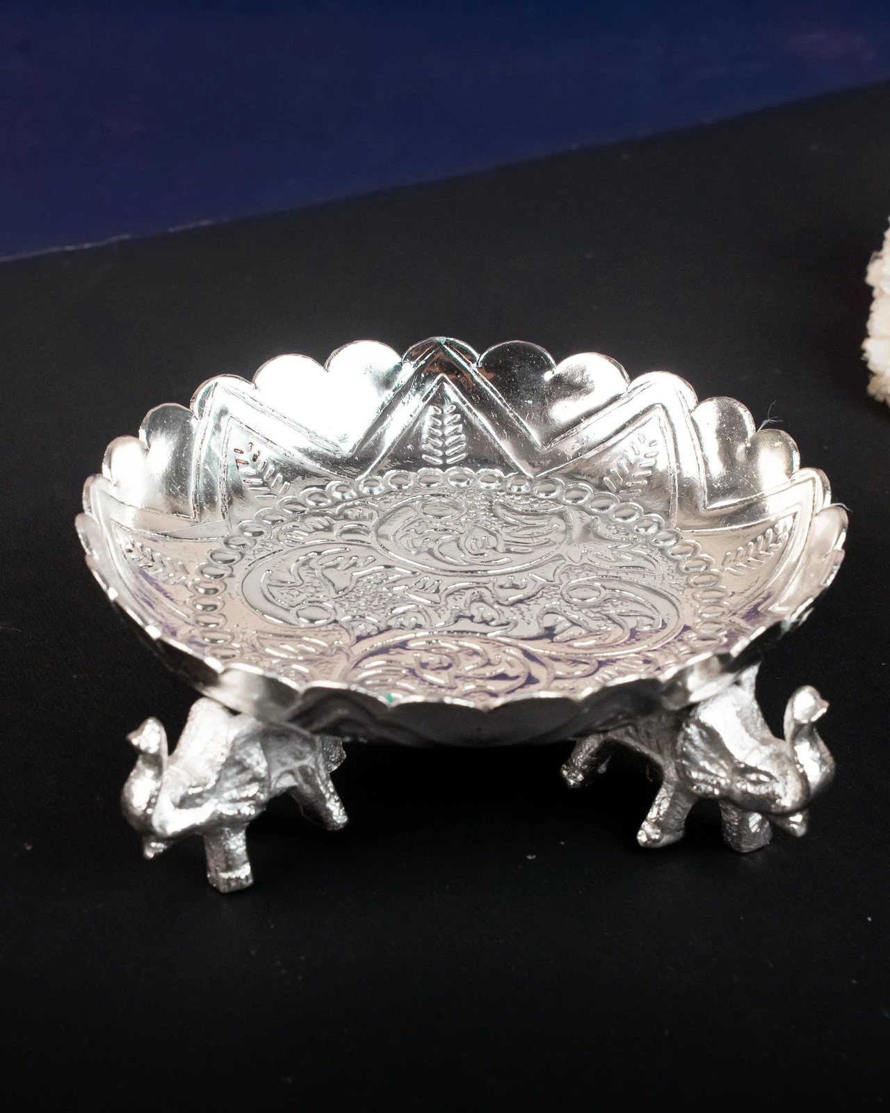 German Silver Pooja Tray With Elephant Stand