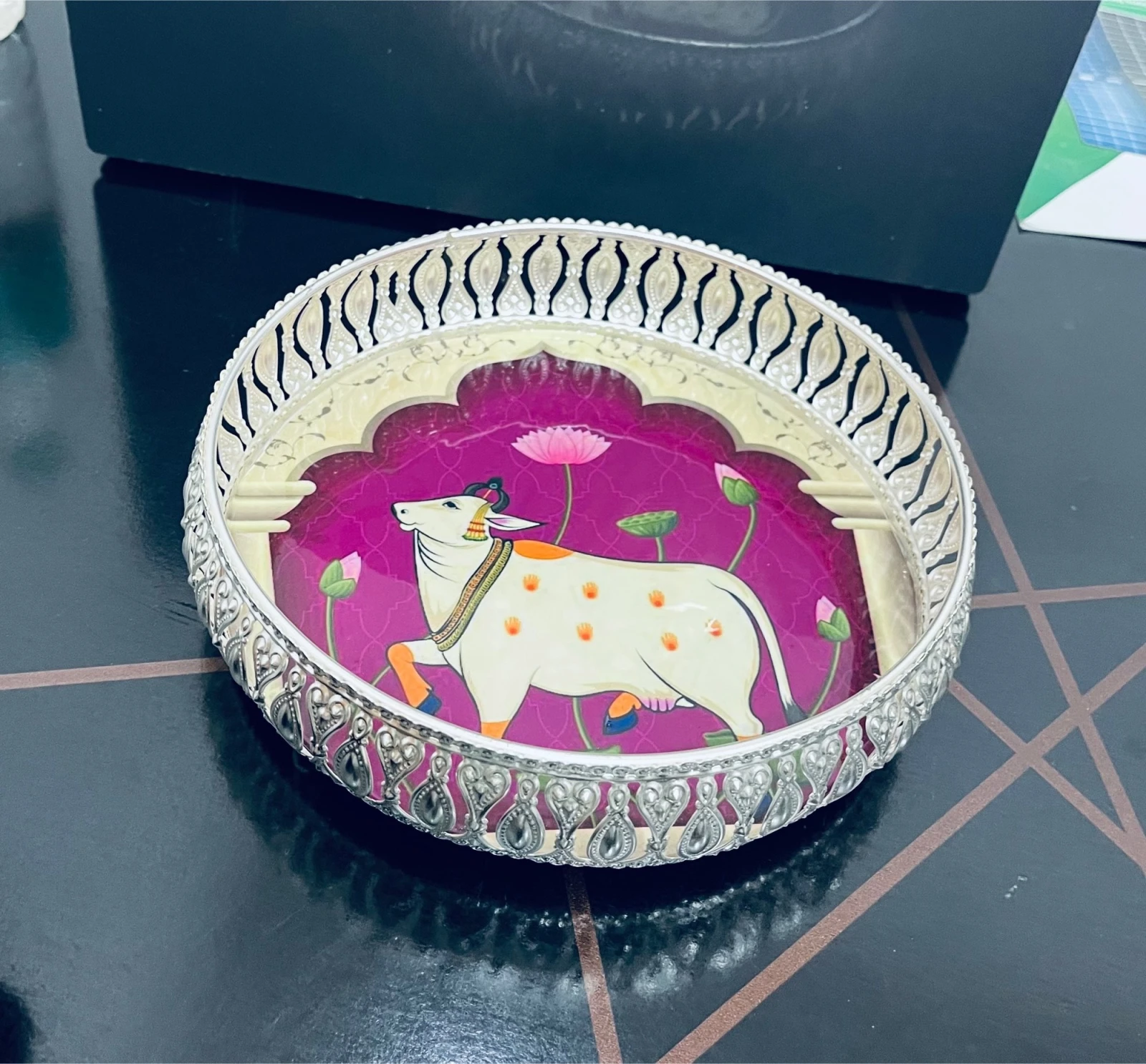 German Silver Pichwai Printed 6 inches Tray - 8